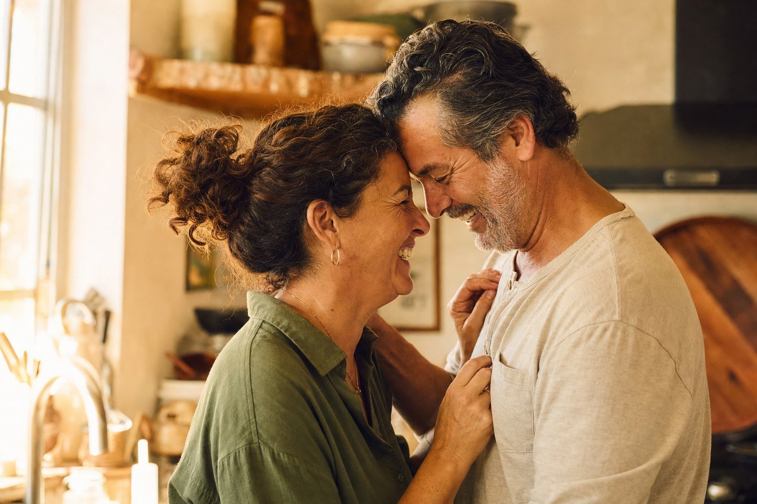 A couple laughing together in their kitchen